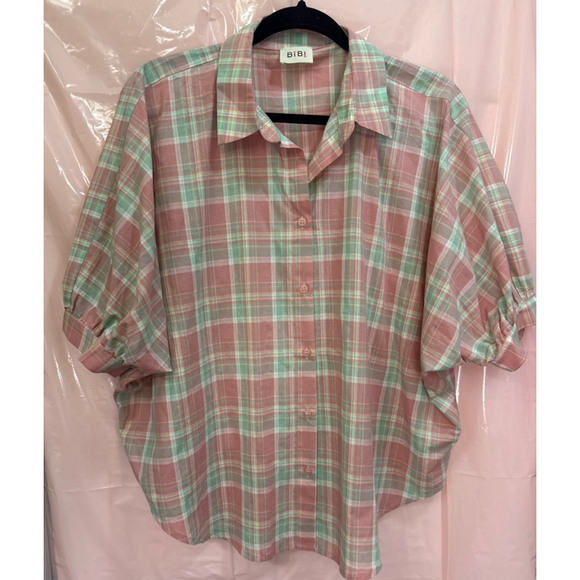 Women's BIBI Pink Green Plaid Button Down Shirt - Picture 1 of 2